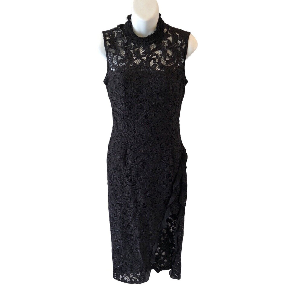 Alexis Leona Sheath Dress M Scalloped Sheer Lace Sleeveless Mock Neck Black